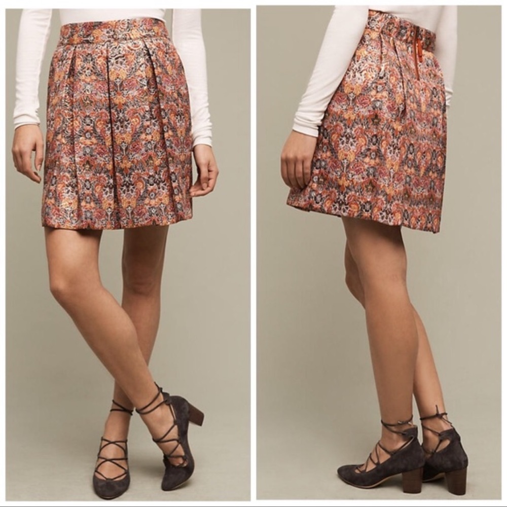 Anthropologie Rosia Brocade Red & Gold Floral Metallic Pleated Skirt - Picture 13 of 13